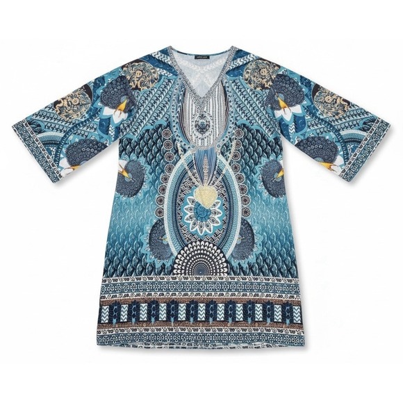 Sheilay Peacock Blue Pattern Kaftan Dress Resort Beach Cover Up Casual Dress XL - Picture 2 of 8